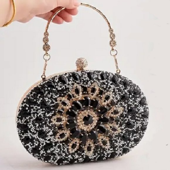 Flower Pattern black Rhinestone gold Metal Chain Handbag evening Clutch 8.2"x 5" - Picture 9 of 9